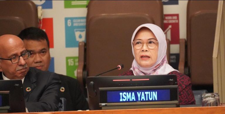 Ketua BPK Isma Yatun pada saat menjadi pembicara di high-level event peluncuran SDG Report 2023 Special Edition di markas besar PBB New York, Senin (10/7/2023).